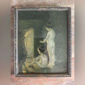 Vintage 1920s Print Children Warming By Fire in Original Frame